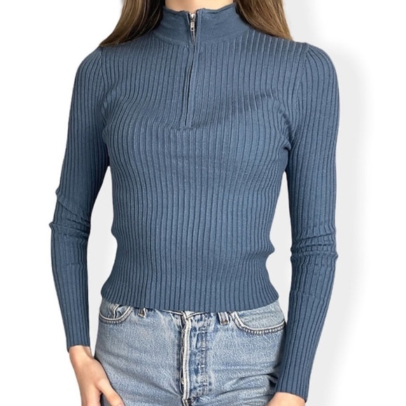 new Quarter Zip Blue Stretchy Mock Neck Sweater - Picture 2 of 4